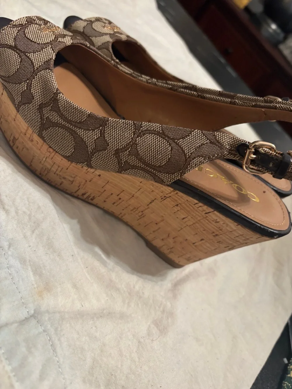 COACH Brown Signature Canvas Peep-Toe Slingback Wedges - Picture 7 of 7